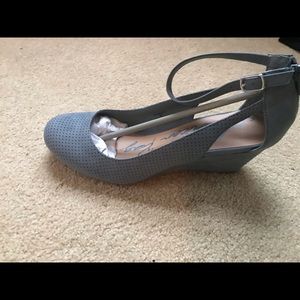 Blue suede wedge ankle strap pumps